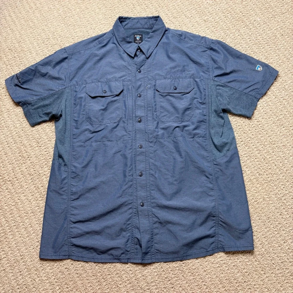 Kuhl Mens XL Blue Short Sleeve Button Down Shirt Silver Oak Hiking Technical